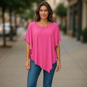 Nygard Hot Pink Asymmetrical  Hem Scoop Neck Tunic Blouse Size Large